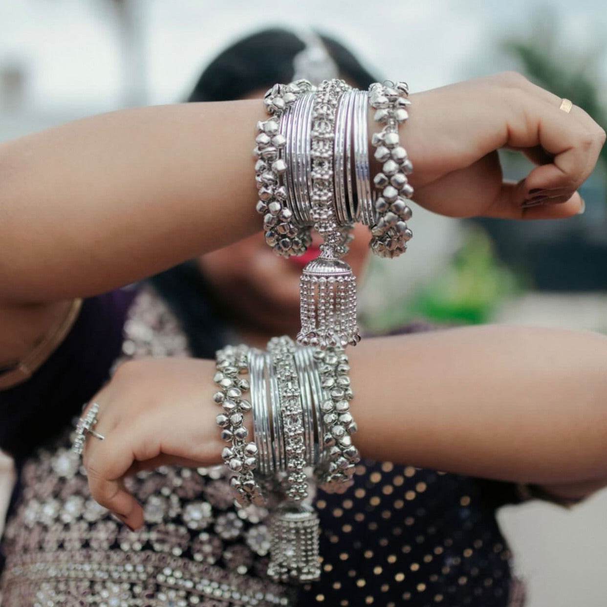 Set of 2 oxidized Ghungroo Latkan Bangles Set by T4 Jewels Silver All Bangle Sets T4 Jewels