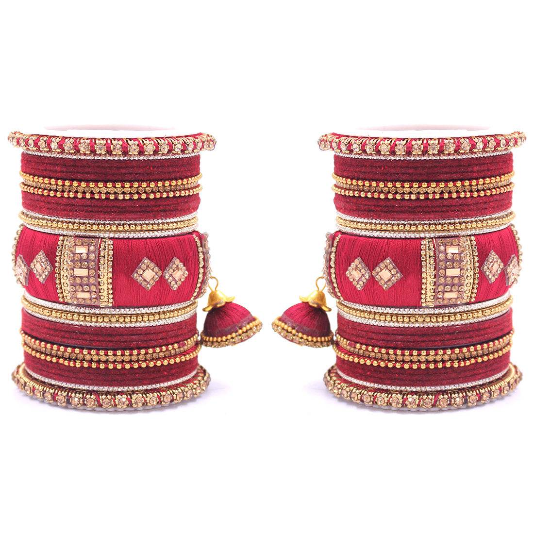 Bridal Set of 2 Silk Thread Bangle Set With Jhumki Maroon All Bangle Sets T4 Jewels