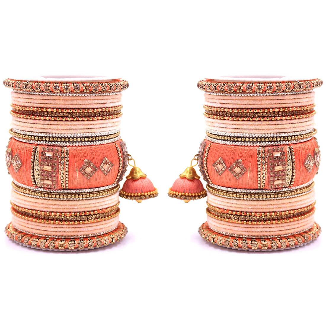 Bridal Set of 2 Silk Thread Bangle Set With Jhumki Peach All Bangle Sets T4 Jewels