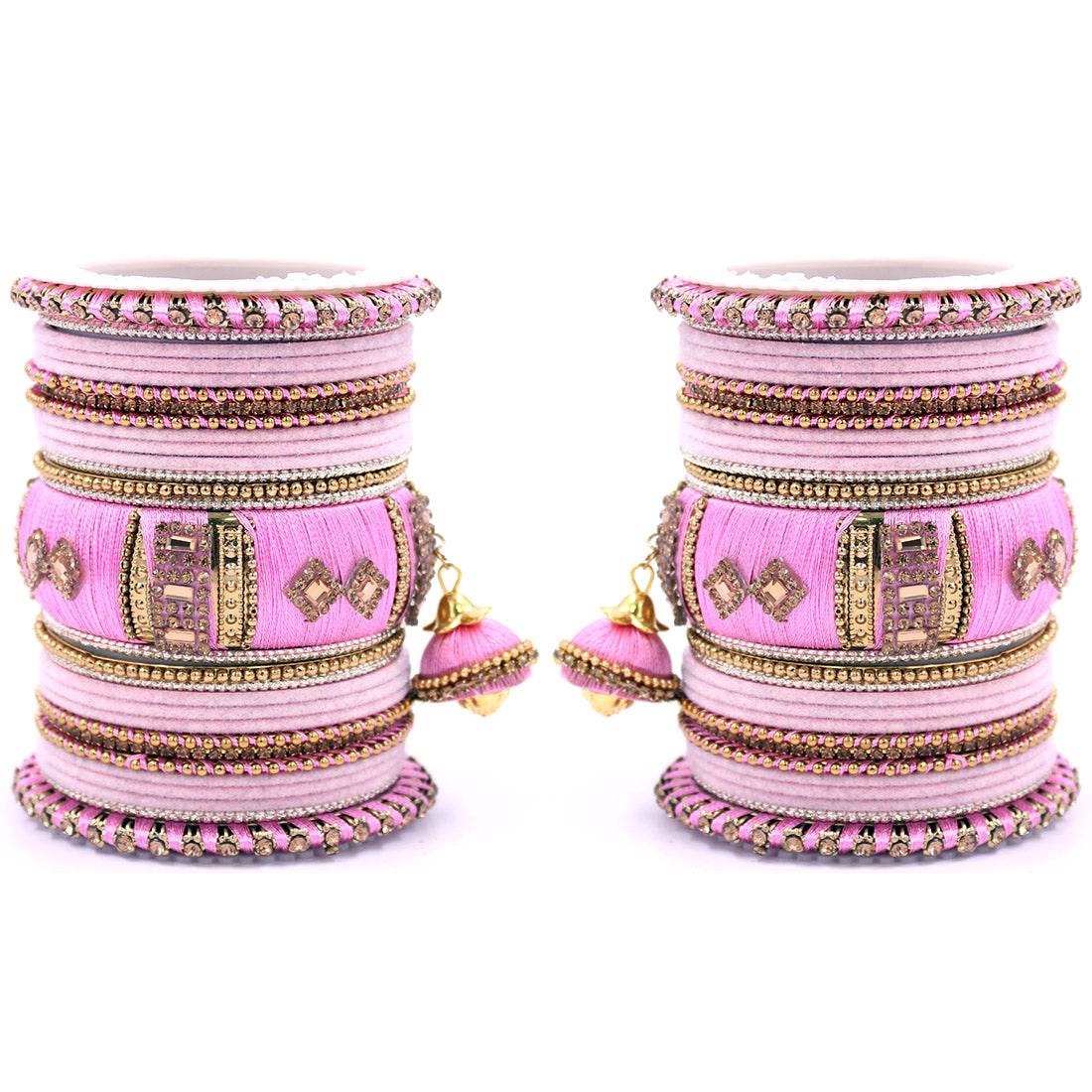 Bridal Set of 2 Silk Thread Bangle Set With Jhumki Pink All Bangle Sets T4 Jewels