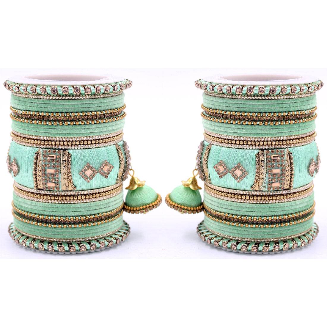 Bridal Set of 2 Silk Thread Bangle Set With Jhumki Pista All Bangle Sets T4 Jewels