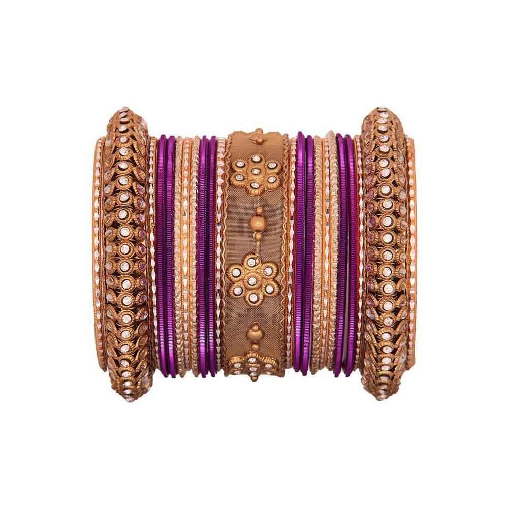 One Hand Multi-Colored Velvet Textured Bangle Set Purple-Golden All Bangle Sets T4 Jewels