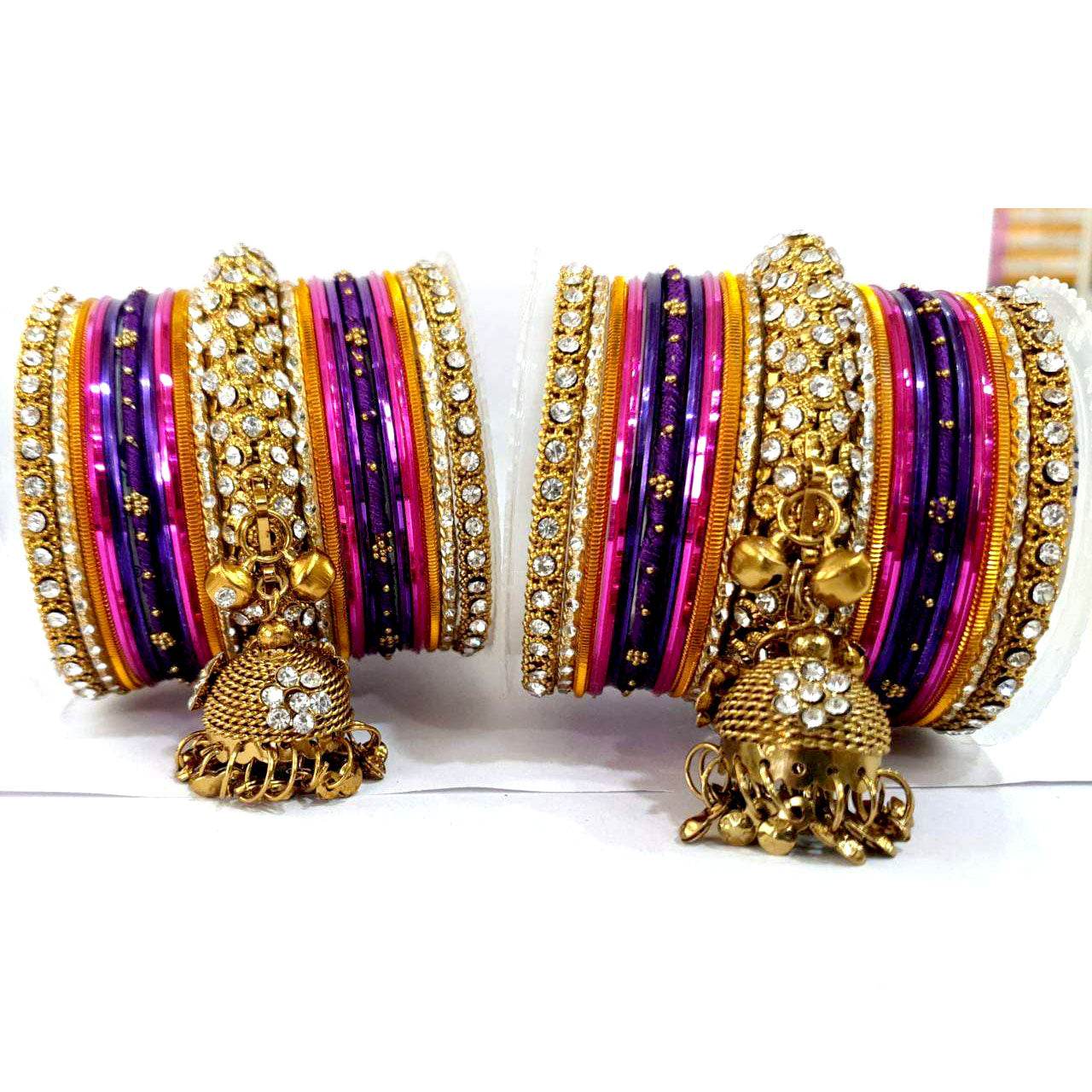 Traditional Shining Jhumki Bangle Set For Two Hands By T4 Jewels Phalsa-Rani All Bangle Sets T4 Jewels