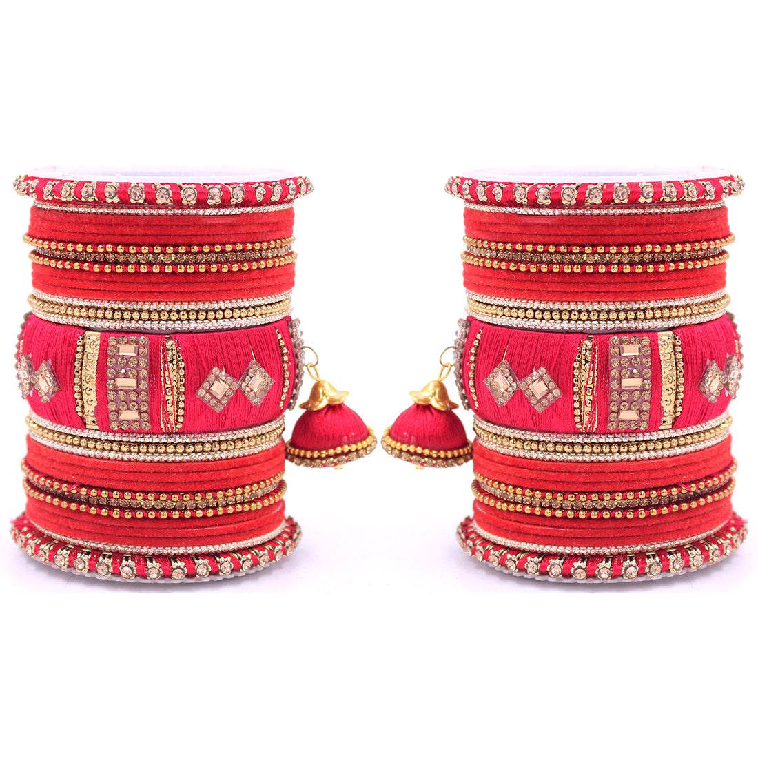 Bridal Set of 2 Silk Thread Bangle Set With Jhumki Red All Bangle Sets T4 Jewels