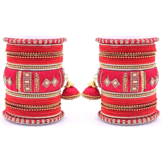 Bridal Set of 2 Silk Thread Bangle Set With Jhumki Red All Bangle Sets T4 Jewels