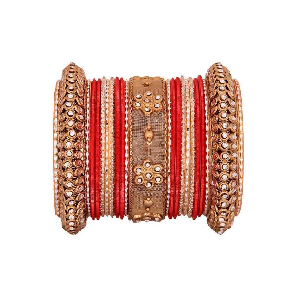One Hand Multi-Colored Velvet Textured Bangle Set Red-Golden All Bangle Sets T4 Jewels