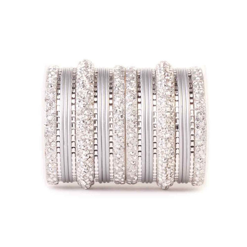 Lac Stone Pattern Bangle Set For Two Hands All Silver All Bangle Sets T4 Jewels