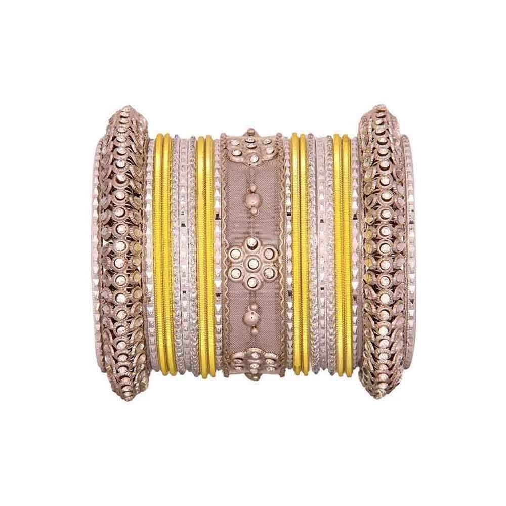 One Hand Multi-Colored Velvet Textured Bangle Set Yellow-Silver All Bangle Sets T4 Jewels