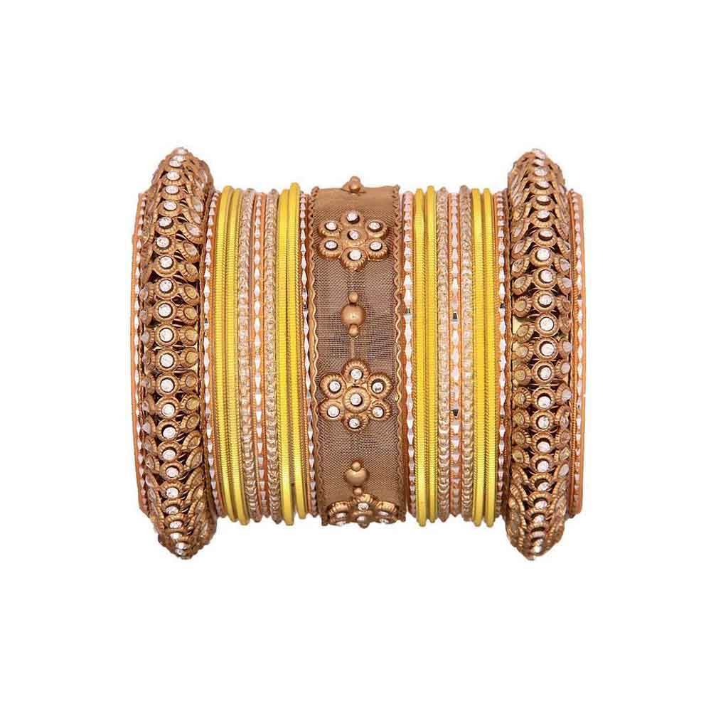 One Hand Multi-Colored Velvet Textured Bangle Set Yellow-Golden All Bangle Sets T4 Jewels