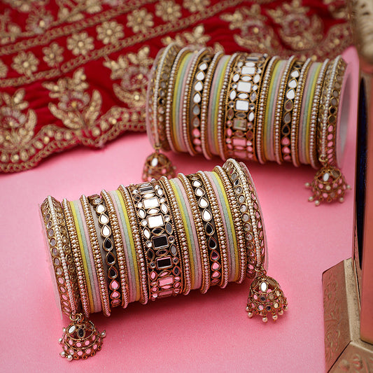 Traditional Mirror Bangle Set with Velvet Bangles with Jhumki by T4 Jewels