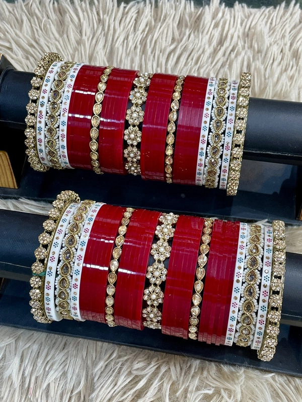 Exquisite Maroon & Gold Traditional Bridal Chuda Set – Handcrafted Punjabi Wedding Bangles with Stone-Studded Floral Accents