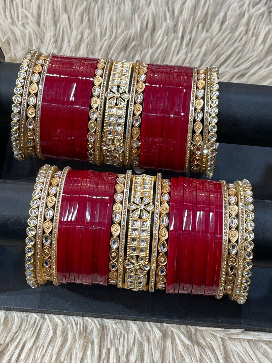 Royal Maroon Bridal Chuda Set with Kundan Floral Work – Handcrafted Traditional Punjabi Wedding Bangles for Brides - 14H