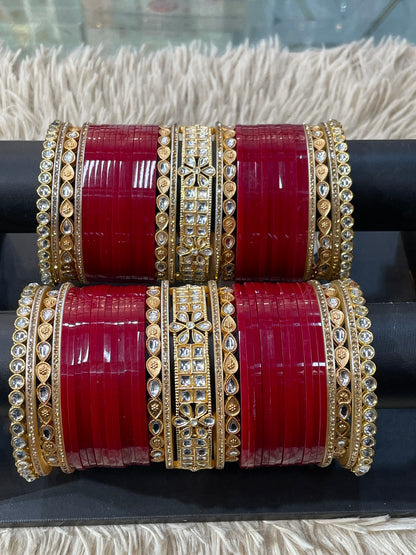 Royal Maroon Bridal Chuda Set with Kundan Floral Work – Handcrafted Traditional Punjabi Wedding Bangles for Brides - 14H