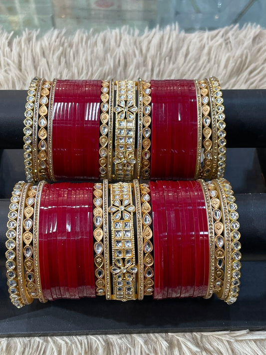 Royal Maroon Bridal Chuda Set with Kundan Floral Work – Handcrafted Traditional Punjabi Wedding Bangles for Brides - 14H