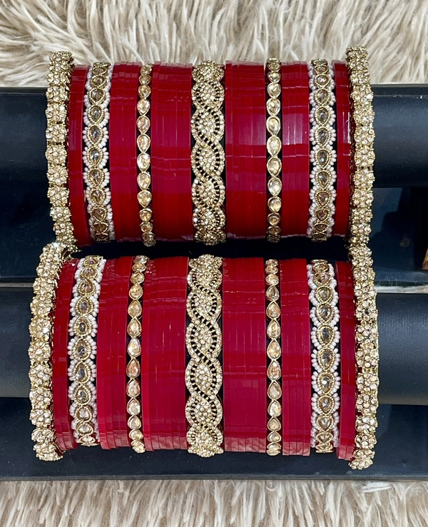 T4 Jewels Elegant Pearl and Polki Embellished Bridal Chooda with Wave Pattern Centerpiece - 19HA