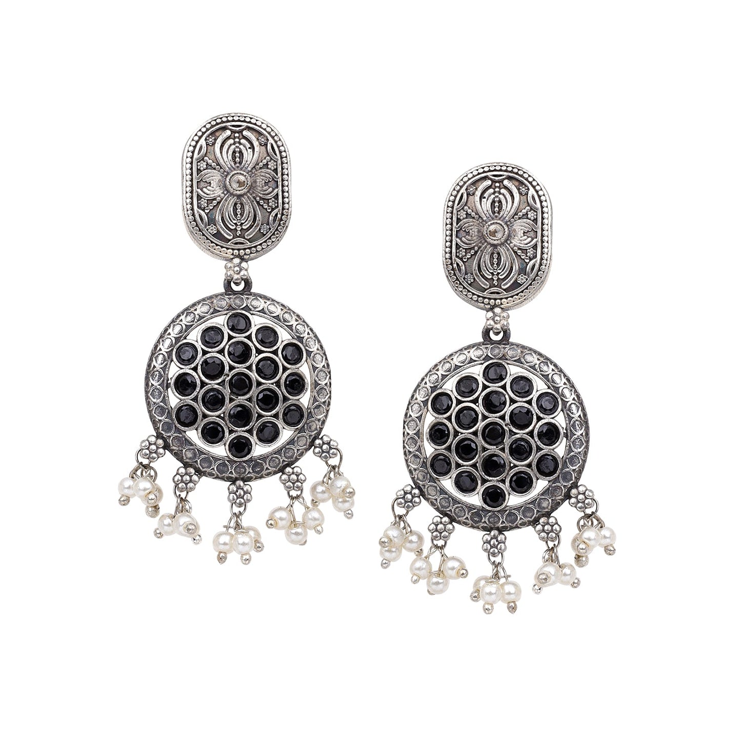 Beautiful Oxidized Silver Earring with Black Stones - T4 Jewels