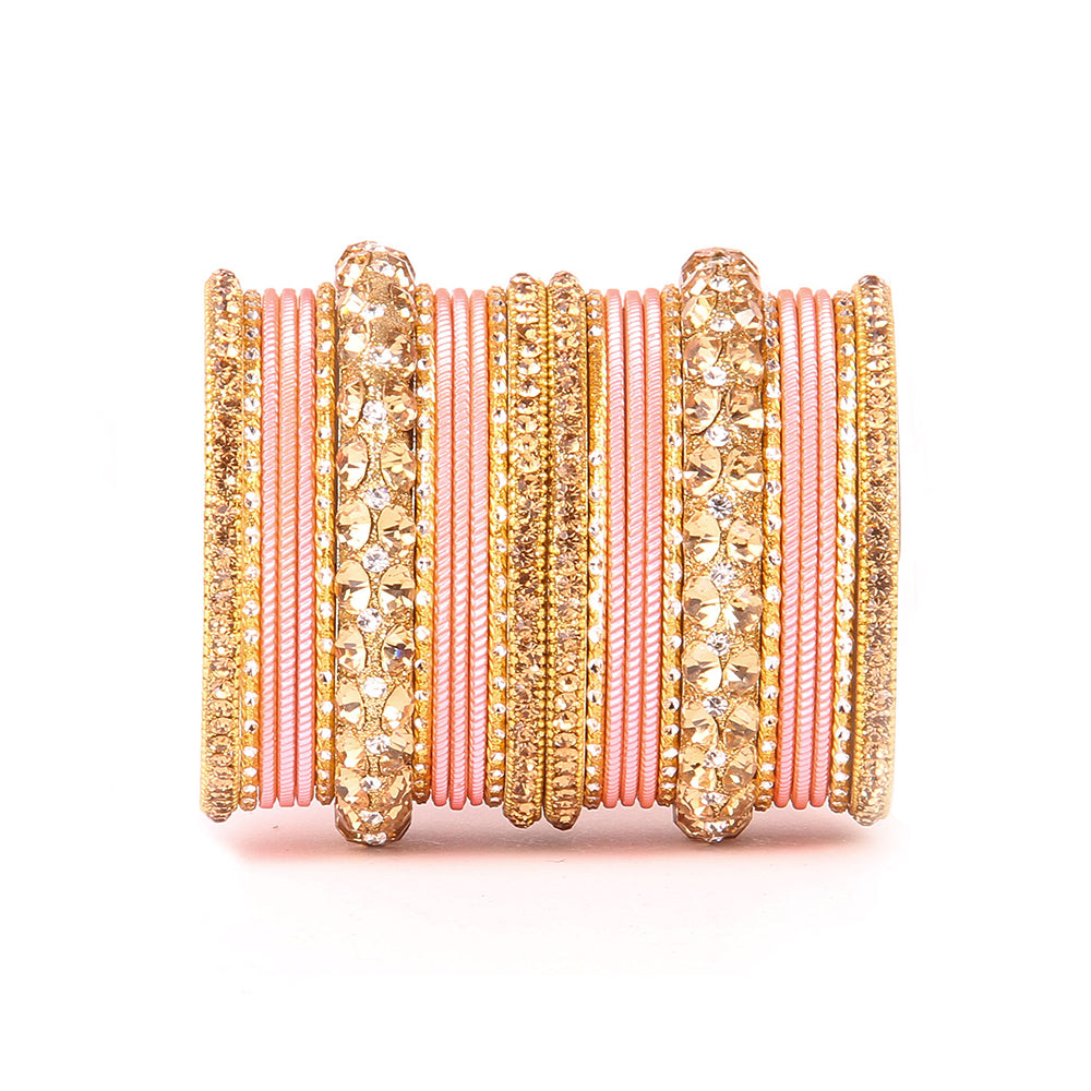 Traditional Shining Bangle Set For Women With Lac And Golden Stone