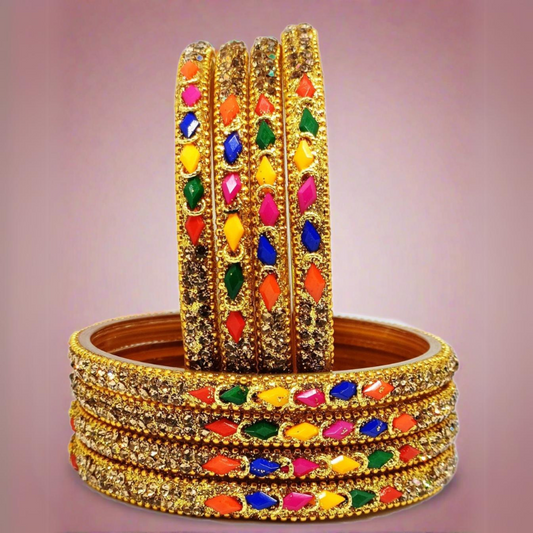 T4 Jewels (Large Size) Red, Green MultiColor Glass Kada Bangles (Pack Of 8)-NLKNTH