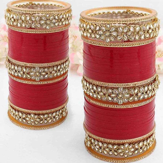 T4 Jewels Red Color Bridal Chuda With Flower Design Kada Bangles-Availbale In All Sizes (CH26Z) Bridal Chuda T4 Jewels