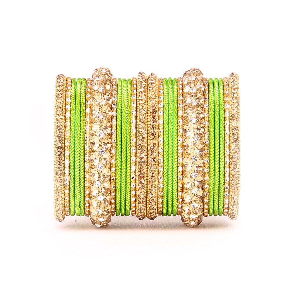 Traditional Shining Bangle Set For Women With Lac And Golden Stone