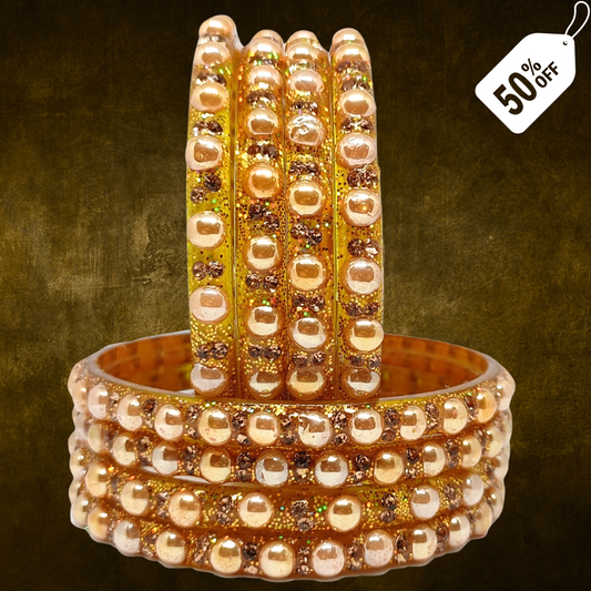 T4 Jewels (Large Size) Golden Color Glass Kada Bangles (Pack Of 8)-DLHN