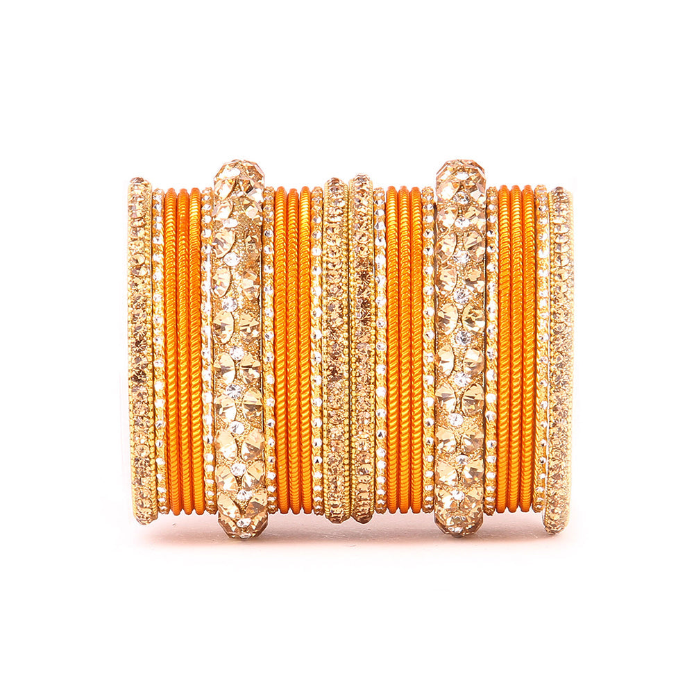 Traditional Shining Bangle Set For Women With Lac And Golden Stone