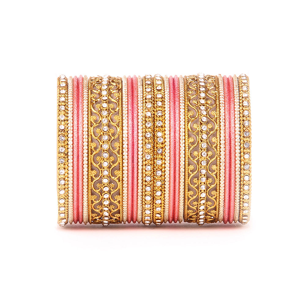 Intricate Bracelet With Running Stone Work And Shinning Bangle Set