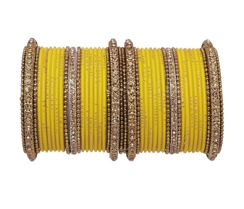 T4 Jewels Golden Kundan GemStones & Beads Studded Metal Bangles Set Fashion Jewellery For Women & Girls Yellow 2.8 Inches T4 Jewels