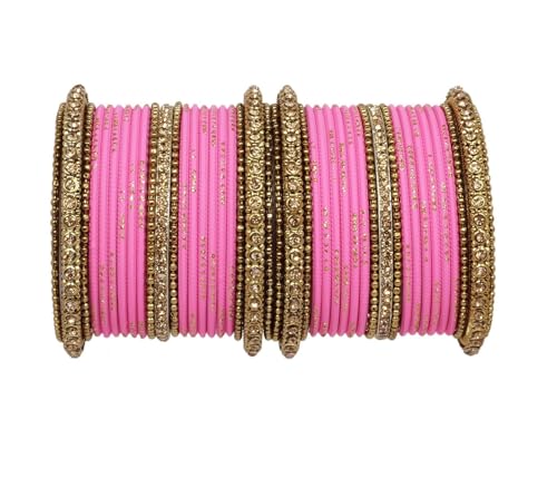 T4 Jewels Golden Kundan GemStones & Beads Studded Metal Bangles Set Fashion Jewellery For Women & Girls Pink 2.8 Inches T4 Jewels