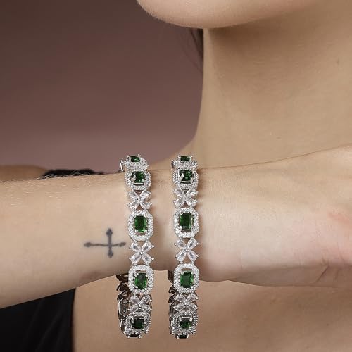 ZENEME Rhodium-Plated Silver Toned American Diamond Square Shaped studded Bangle Jewellery Set for Girls and Women (Set Of 2) T4 Jewels