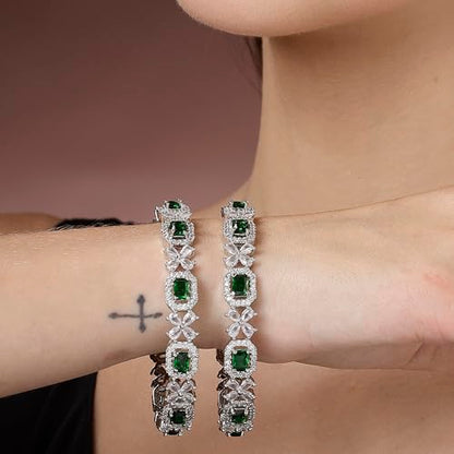 ZENEME Rhodium-Plated Silver Toned American Diamond Square Shaped studded Bangle Jewellery Set for Girls and Women (Set Of 2) T4 Jewels