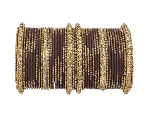 T4 Jewels Golden Kundan GemStones & Beads Studded Metal Bangles Set Fashion Jewellery For Women & Girls Brown 2.4 Inches T4 Jewels