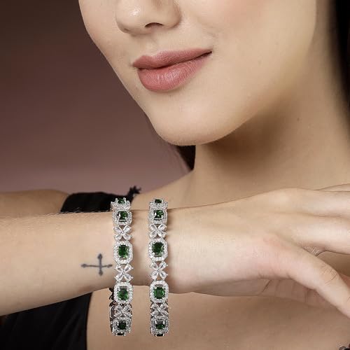 ZENEME Rhodium-Plated Silver Toned American Diamond Square Shaped studded Bangle Jewellery Set for Girls and Women (Set Of 2) T4 Jewels