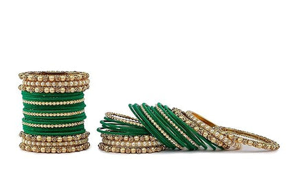 T4 Jewels Brass Metal Beads Stones & Gemstones Studded Moti & Pearl Glossy Finished Bangles Set - 114NO