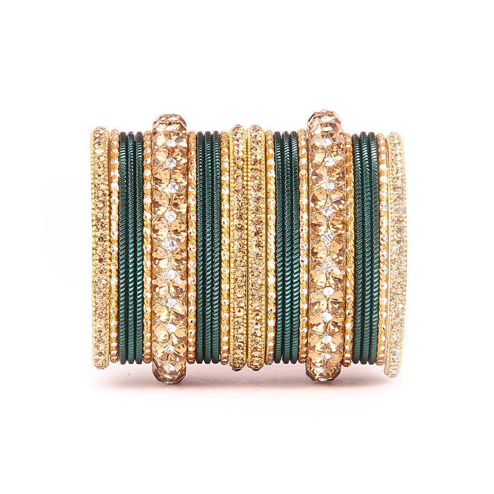 Traditional Shining Bangle Set For Women With Lac And Golden Stone