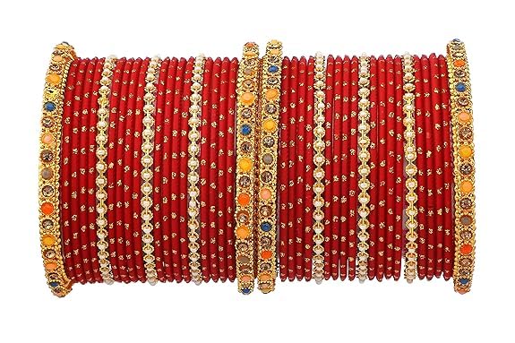T4 Jewels Multicolor Zircon Stones Studded Elegent Golden Dotted Metal Bangles Set For Women & Girls Red T4 Jewels