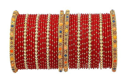 T4 Jewels Multicolor Zircon Stones Studded Elegent Golden Dotted Metal Bangles Set For Women & Girls Red T4 Jewels