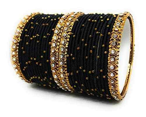 T4 Jewels Handmade Silk Thread Metal Bangles Set Zircon Stones Bridal Chuda/Wedding Chuda For Women & Girls (Set Of 28) Black T4 Jewels