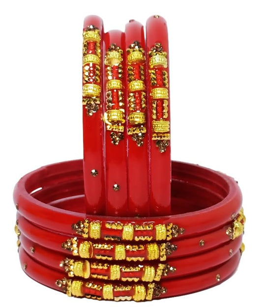 T4 Jewels 2.10 & 2.12 Size Glossy Finished Green/Maroon/Red/Yellow Colors Figured Stones Bangle Set - (Set Of 8) - RGN Red Large Size Bangles T4 Jewels