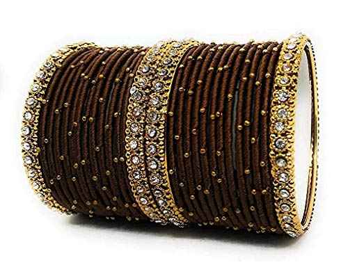 T4 Jewels Handmade Silk Thread Metal Bangles Set Zircon Stones Bridal Chuda/Wedding Chuda For Women & Girls (Set Of 28) Brown T4 Jewels