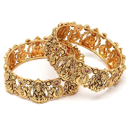T4 Jewels Gold Plated Set of 2 Laxmi Mata and Peacock Design Bangles for Women 2.8 T4 Jewels