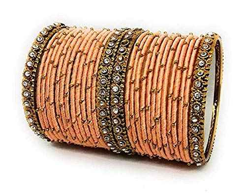 T4 Jewels Handmade Silk Thread Metal Bangles Set Zircon Stones Bridal Chuda/Wedding Chuda For Women & Girls (Set Of 28) Peach T4 Jewels