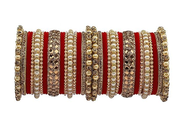 T4 Jewels Metal With Zircon Gemstones Attractive Glossy Finish Gold Plated Fashion Jewellery Metal Bangle Set For Women & Girls Red T4 Jewels