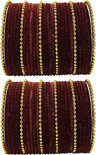 T4 Jewels Golden Beads Studded Glossy Finish Velvet Metal Bangles Set (Set Of 2) - 35NO