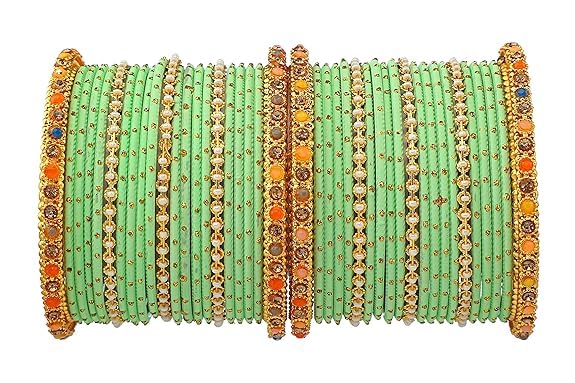 T4 Jewels Multicolor Zircon Stones Studded Elegent Golden Dotted Metal Bangles Set For Women & Girls Pista T4 Jewels