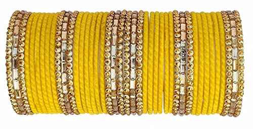 T4 Jewels 2.10 & 2.12 Size Gold Plated Velvet Designer Beads With Stones Studded Glass Bangles Set For Women & Girls Yellow T4 Jewels