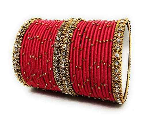 T4 Jewels Handmade Silk Thread Metal Bangles Set Zircon Stones Bridal Chuda/Wedding Chuda For Women & Girls (Set Of 28) Red T4 Jewels