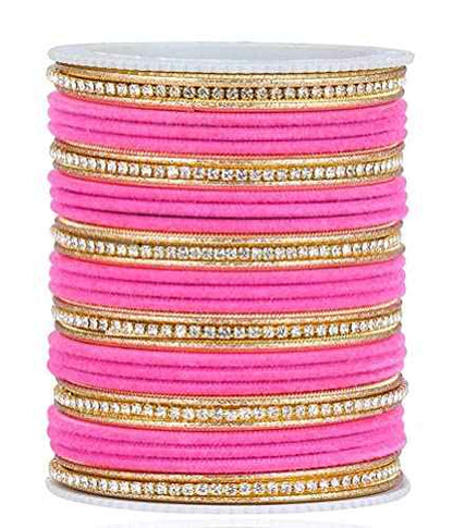 T4 Jewels Zircon Gem-stones And Beads Velvet Glossy Finished Metal Bangles Set For Women And Girls Pink T4 Jewels