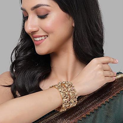T4 Jewels Gold Plated Set of 2 Laxmi Mata and Peacock Design Bangles for Women T4 Jewels