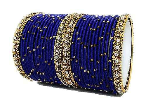 T4 Jewels Handmade Silk Thread Metal Bangles Set Zircon Stones Bridal Chuda/Wedding Chuda For Women & Girls (Set Of 28) Royal Blue 2.4 Inches T4 Jewels